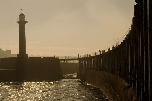 Whitby Lighthouses Sea Background Holidays Sepia