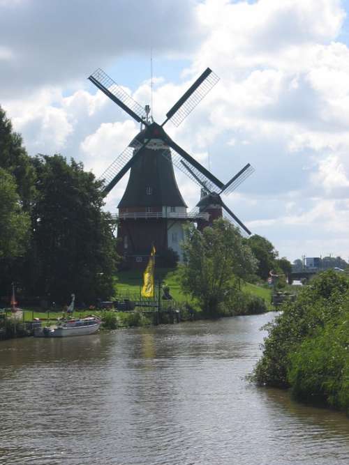 Windmills Northern Germany River Landscape Nature
