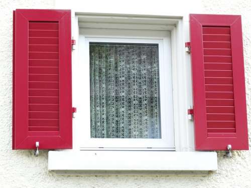 Window Shutters Red White Curtains House Facade