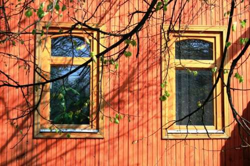 Windows Two Glass Panes Reflection Building Wood
