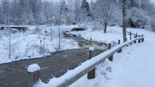 Winter Snow Rapids Finnish Water Railing Scenic