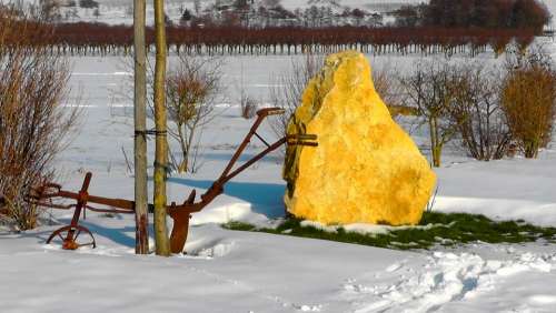 Wintry Winter Magic Landscape Iron Plow Rock Farm