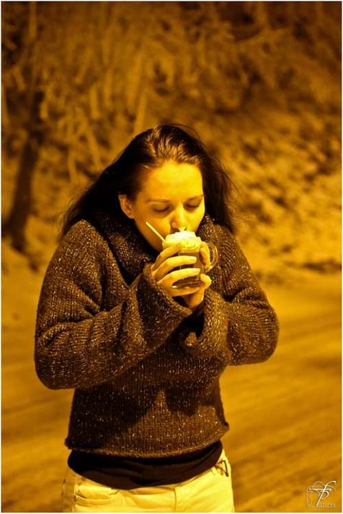 Woman Drinking Coffee Girl Cold Night Winter