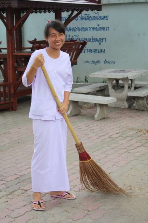 Woman Cleaning Thailand Broom Asia People