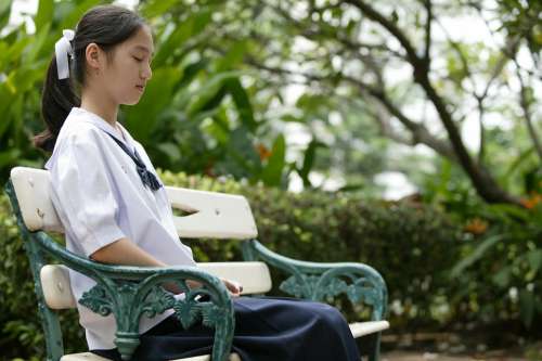 Woman Sitting Thailand Asian Girl Bench Park