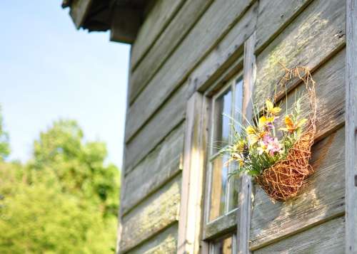 Wood House Rural Basket Of Flowers Cabin