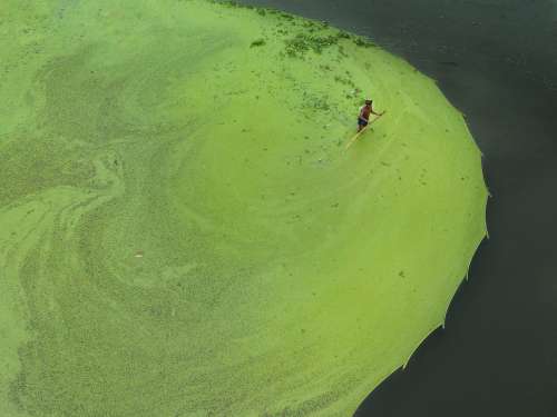 Aerial View Of Man Wading Through Water Photo