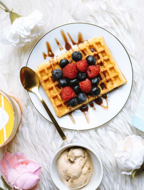 Breakfast Flatlay With Fruit And Waffles Photo