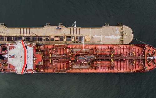 Drone View Of The Front Of A Docked Ship Photo