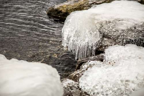 Ice Covered Rock By Waters Edge Photo