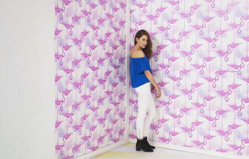 Model Poses Next To Flamingo Wallpaper Photo