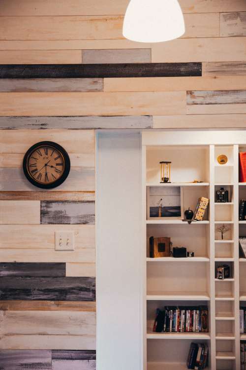 Modern Wood Panelled Wall And Shelving Interior Photo