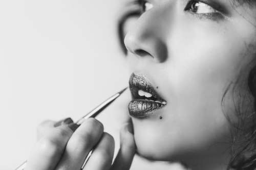 Shiny Lipstick In Black And White Photo