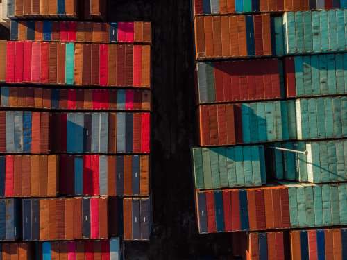 Two Rows Of Shipping Containers Taken With A Drone Photo