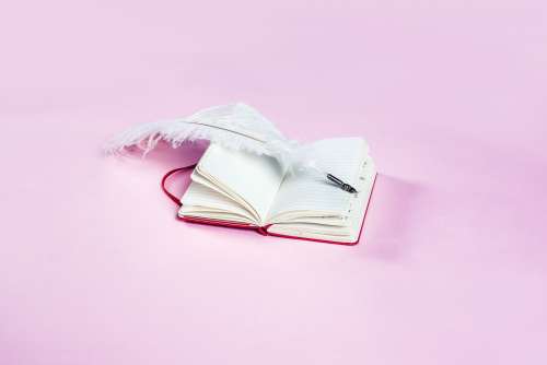 White Feather Quill Sat On Top Of Red Notebook Photo