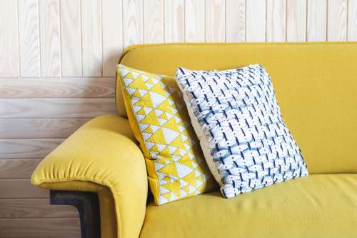 Yellow Sofa With Throw Pillows Photo