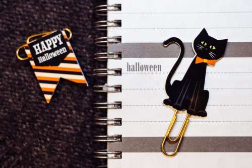 A black cat and Happy Halloween paperclips