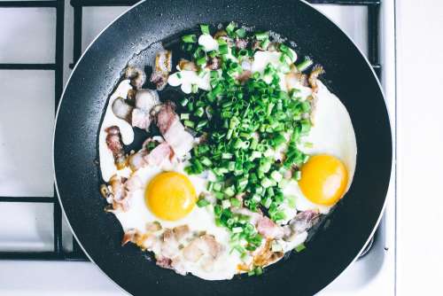 Eggs, bacon and chive on the frying pan