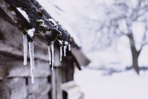 Icicles on a wooden shed