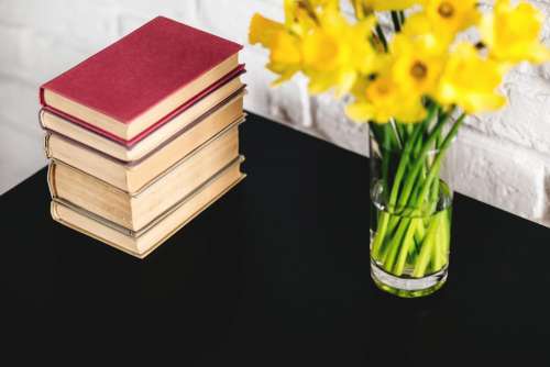 Spring daffodils and books on black table