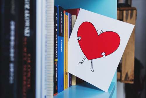 Valentines card on the bookshelf