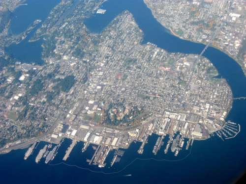 Aerial view of the city with Puget Sound Naval Shipyard in Washington free photo