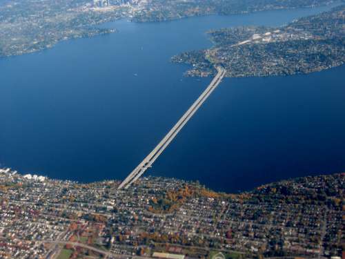 Aerial view of the Interstate 90 floating bridge in Mercer Island, Washington free photo