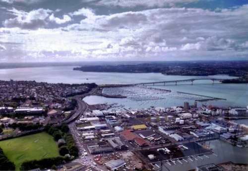 Auckland Harbour Landscape in New Zealand with clouds and sky free photo