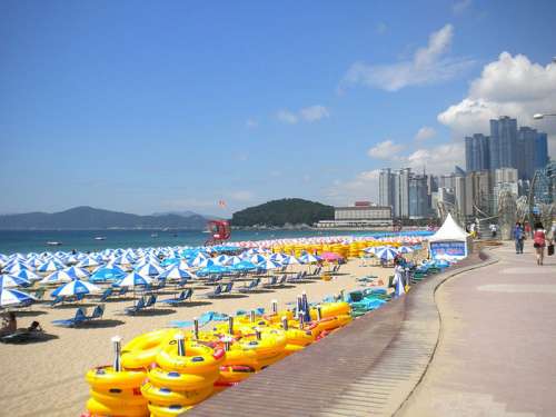 Beach with inner tubes and umbrellas in Busan, South Korea free photo