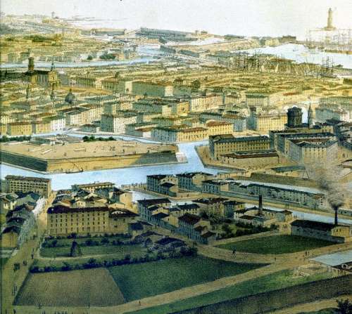 Bird's-eye view of Livorno in the mid 19th century in Italy free photo