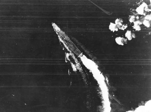 Bomber View of Japanese Carrier Hiryu at Midway, World War II free photo