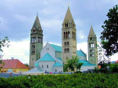 Cathedral with steeples in Pecs, Hungary free photo