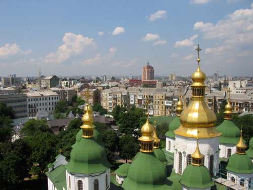 Cityscape view from Bell tower with cathedral in Kiev, Ukraine free photo