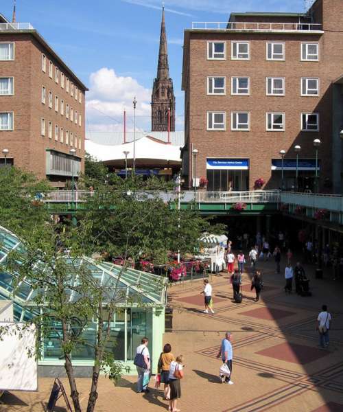Coventry precinct with Cathedral Spire Background in England free photo