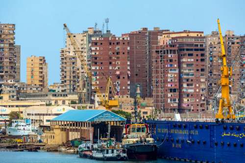 Cranes and Construction along the shore in Alexandria, Egypt free photo