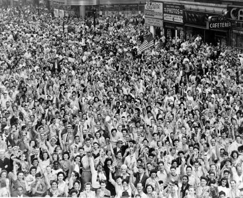 Crowds celebrating V-J Day in Times Square, New York, End of World War II free photo