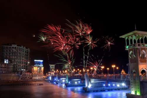 Fireworks over the night sky in Alexandria, Egypt free photo