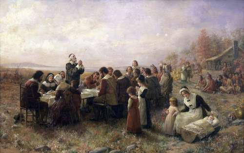 First Thanksgiving at Plymouth , Massachusetts between Pilgrims and Indians free photo