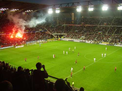 Flares of the Roazhon Celtic Kop at the Roazhon Park in Rennes, France free photo