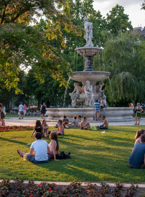 Fountains in the park in Budapest, Hungary free photo