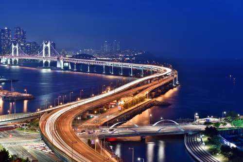 Gwangan Bridge at nights lighted up in Busan, South Korea free photo