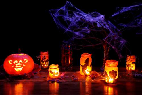 Halloween Lanterns and Pumpkin with Spider Webs free photo