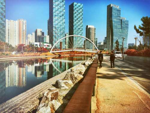 Incheon cityscape and walkway with bridge in South Korea free photo