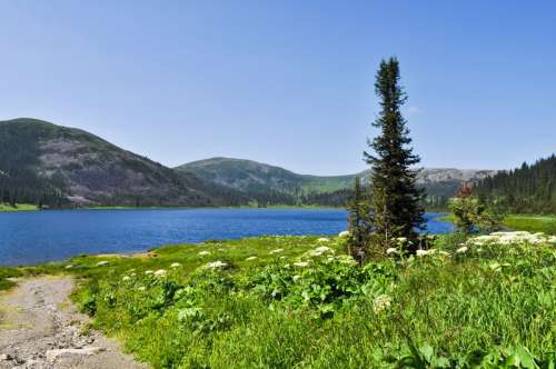 Lake, hills, and field landscape in Russia free photo