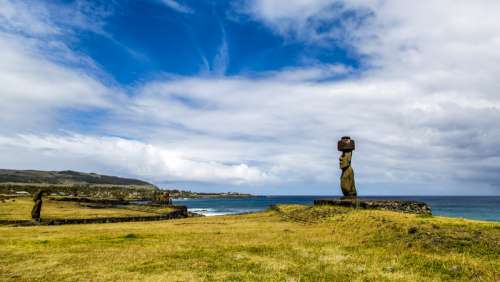 Landscape of Easter Island with sky and statue in Chile free photo