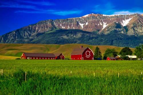 Landscape of the farm with mountains behind in Oregon free photo