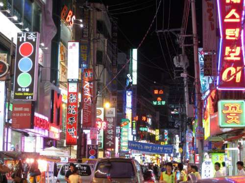 Lane in Shinbudong by night in Cheonan, South Korea free photo