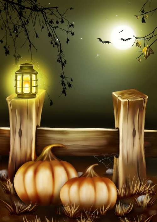Lights, Pumpkins, and Bats under a full moon Halloween scene free photo