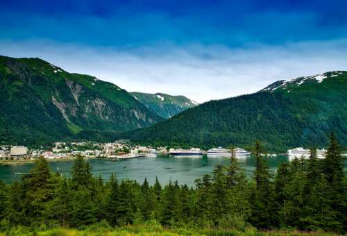 Mountain landscape and the town of Juneau in Alaska free photo