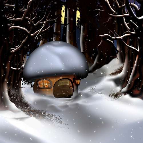 Mushroom house in the snow in the woods free photo